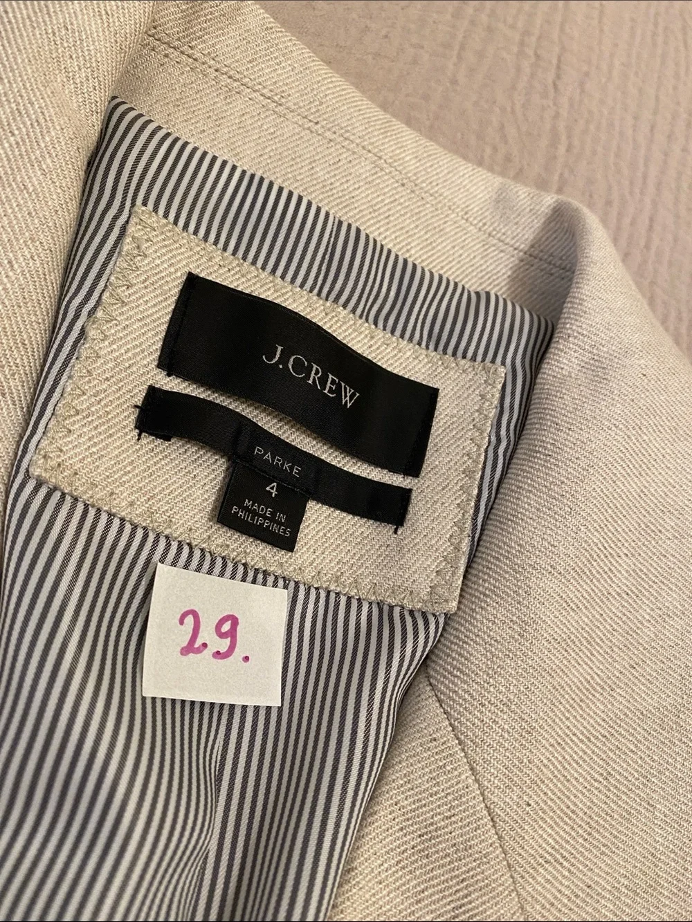 J. Crew PARKE Light Beige Single-Button Tailored Linen Blazer. Size 4